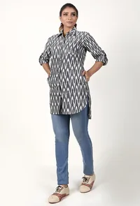 Grey And White Handloom Cotton Ikat Asymmetrical Shirt image 1