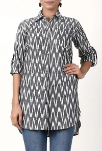Grey And White Handloom Cotton Ikat Asymmetrical Shirt image 2