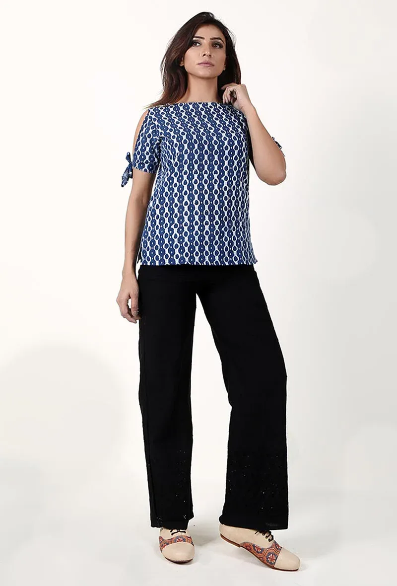 Marine Blue And White Cold Shoulder Bagru Pure Cotton Top