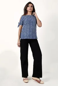 Marine Blue And White Cold Shoulder Bagru Pure Cotton Top image 1