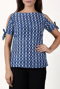 Marine Blue And White Cold Shoulder Bagru Pure Cotton Top image 2