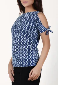 Marine Blue And White Cold Shoulder Bagru Pure Cotton Top image 3