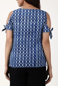 Marine Blue And White Cold Shoulder Bagru Pure Cotton Top image 4