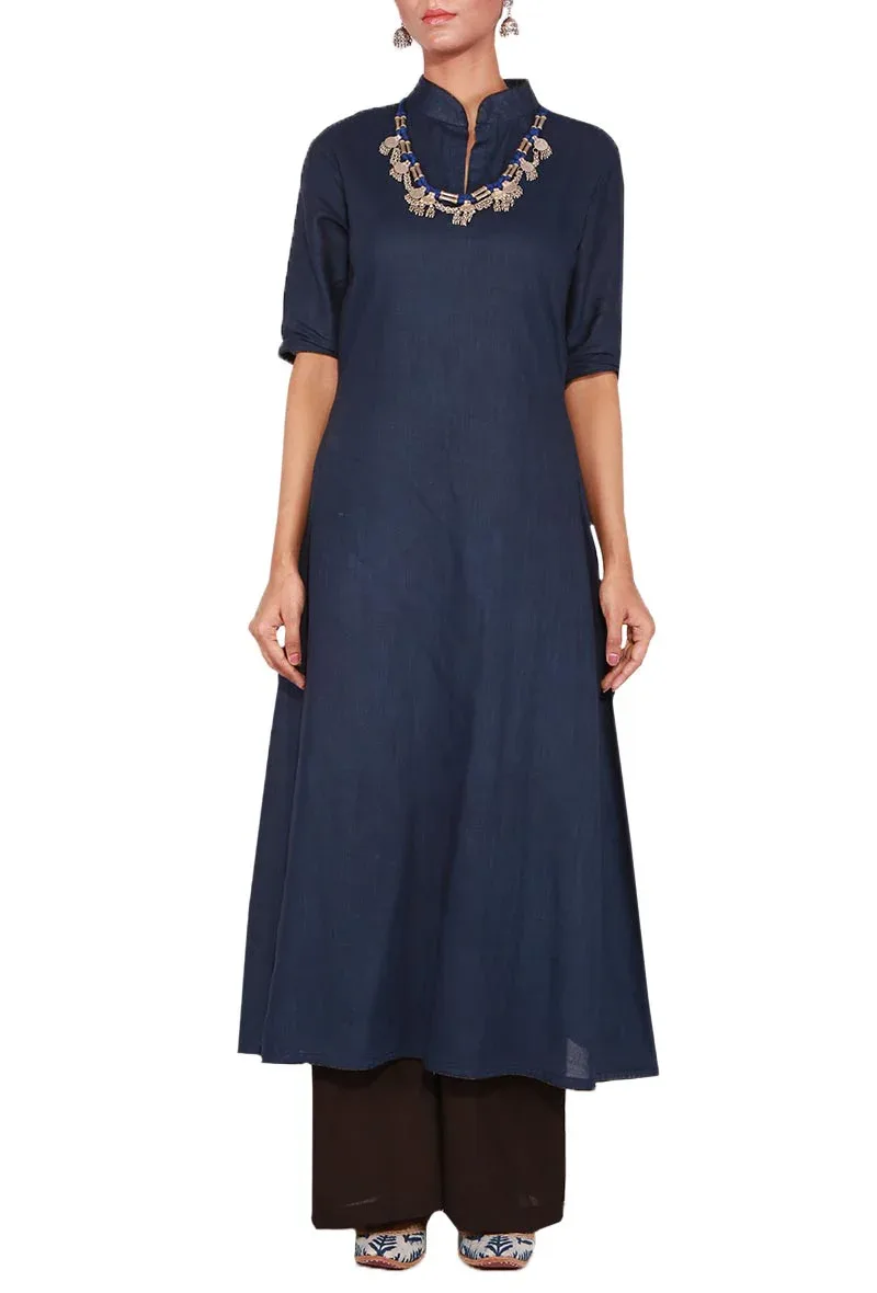 coral Pink Cotton Linen Kurta with Front Slit