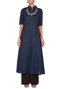 coral Pink Cotton Linen Kurta with Front Slit image 1