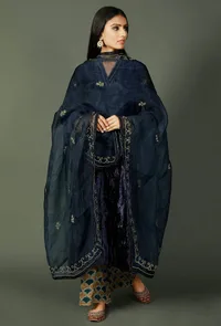 Set Of 3: Blue Chenille Phiran, Ajrakh Modal Silk Palazzos And Blue Organza Dupatta image 1