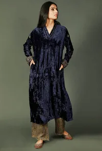 Set Of 3: Blue Chenille Phiran, Ajrakh Modal Silk Palazzos And Blue Organza Dupatta image 2