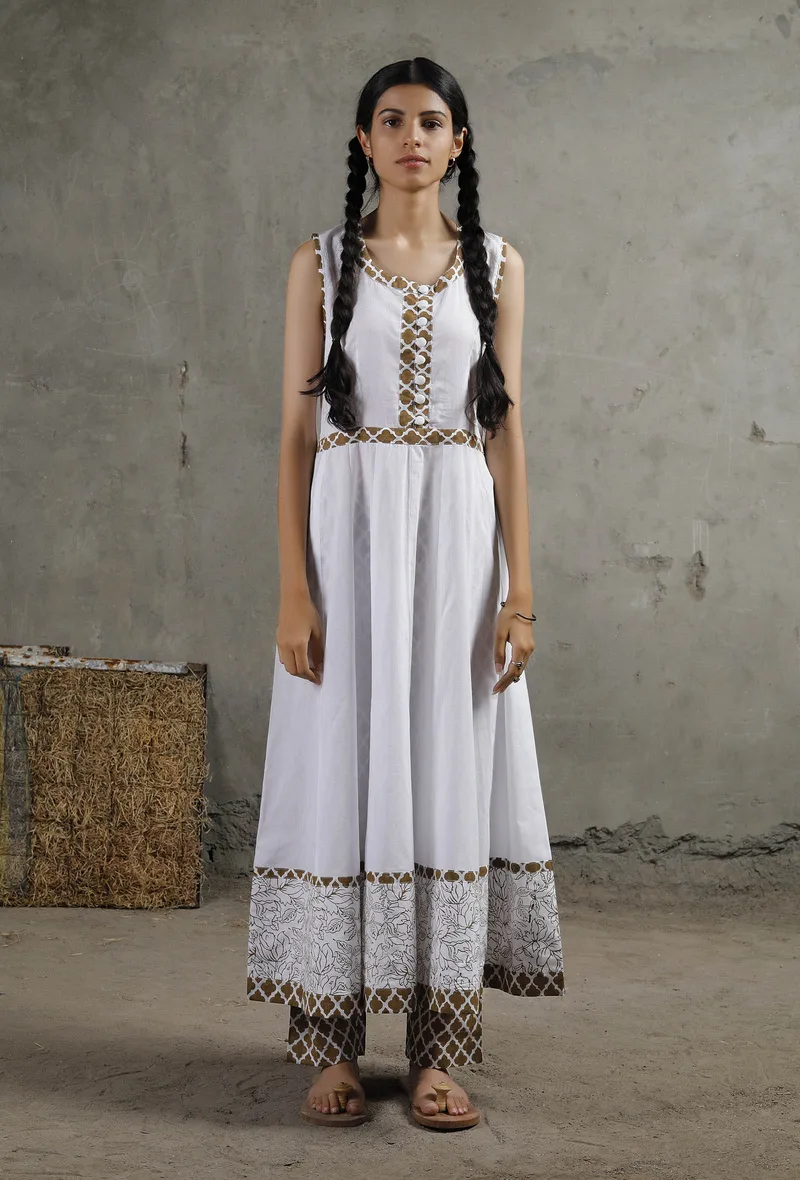 Brown And White Long Cotton Kurta