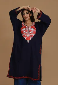 Navy Blue Phiran with Red and White Aari Embroidery- Free Size image 1