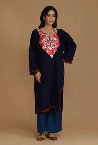 Navy Blue Phiran with Red and White Aari Embroidery- Free Size image 2