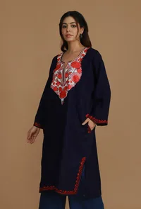 Navy Blue Phiran with Red and White Aari Embroidery- Free Size image 3