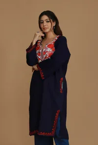 Navy Blue Phiran with Red and White Aari Embroidery- Free Size image 4