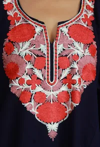 Navy Blue Phiran with Red and White Aari Embroidery- Free Size image 6