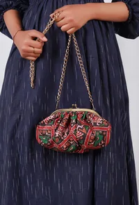 Green, Red & Multi Silk Patola Print Gathered Clutch image 1