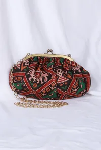 Green, Red & Multi Silk Patola Print Gathered Clutch image 2