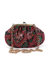 Green, Red & Multi Silk Patola Print Gathered Clutch image 3