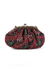 Green, Red & Multi Silk Patola Print Gathered Clutch image 4