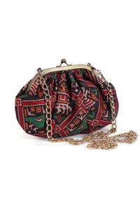 Green, Red & Multi Silk Patola Print Gathered Clutch image 5