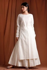 Off White Cotton Full Sleeves Long Kurta image 1