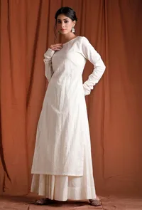 Off White Cotton Full Sleeves Long Kurta image 2