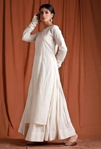 Off White Cotton Full Sleeves Long Kurta image 5