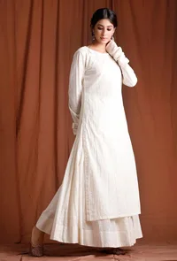 Off White Cotton Full Sleeves Long Kurta image 6