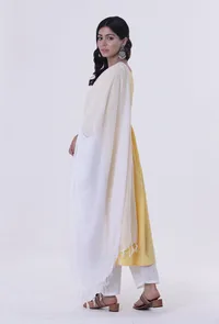 Set Of 3: Yellow & White Cotton Block Printed Kurta, Pant & Dupatta image 2