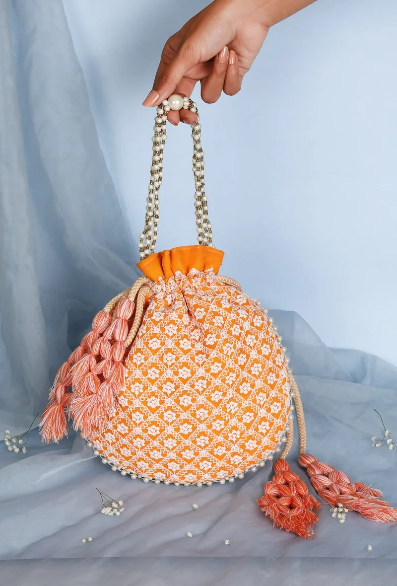 Citrus Orange Chikankari Georgette Potli