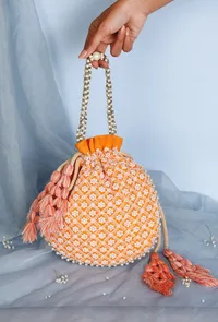 Citrus Orange Chikankari Georgette Potli image 1