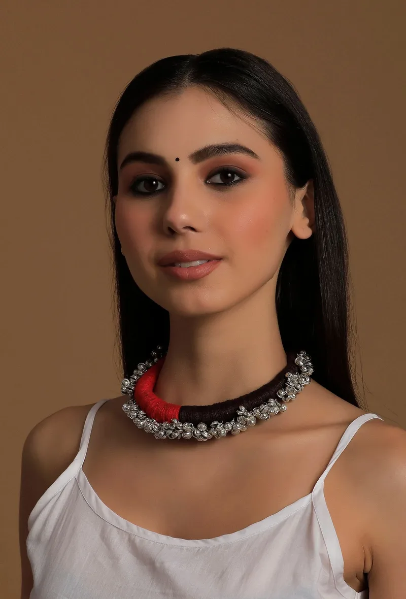 Fatima Duo Red and Black Silver Ghungroo Tribal Necklace