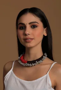 Fatima Duo Red and Black Silver Ghungroo Tribal Necklace image 1