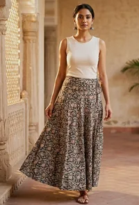 Black And Beige Kalamkari Cotton Skirt image 1
