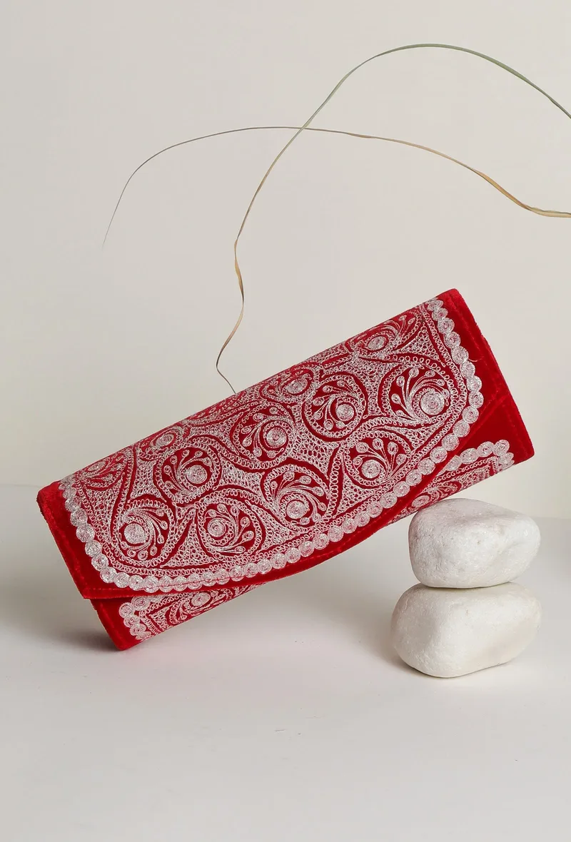 Ruby Red Velvet Silver Embroidered Clutch
