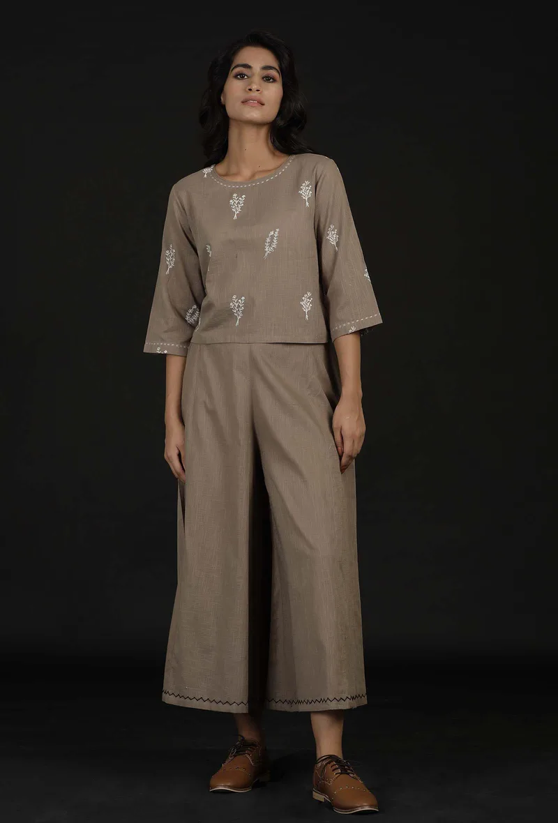 Set of 2: Cream Bell Sleeves Top and Cotton Pallazo