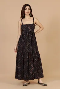 Noor Black Zigzag Printed Cotton Strappy Dress image 1