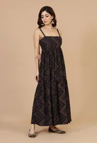 Noor Black Zigzag Printed Cotton Strappy Dress image 2