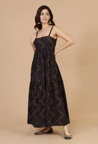Noor Black Zigzag Printed Cotton Strappy Dress image 3
