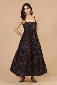 Noor Black Zigzag Printed Cotton Strappy Dress image 4
