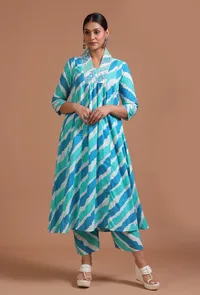 Set Of 2: Sky Blue Cotton Plain Dress & Pant Set image 1