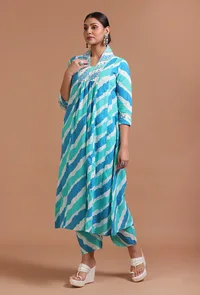 Set Of 2: Sky Blue Cotton Plain Dress & Pant Set image 2