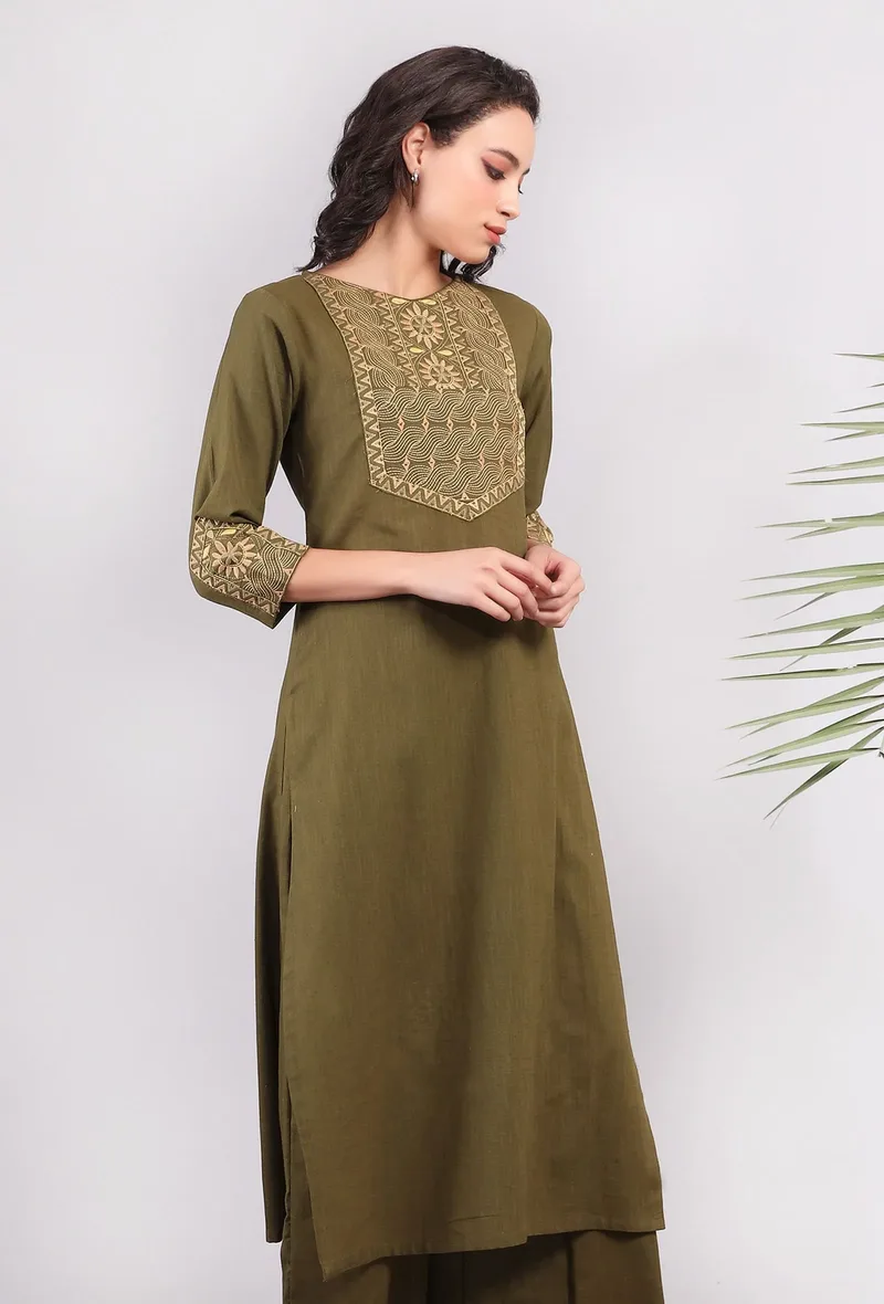 Olive Green Kantha Long Kurta
