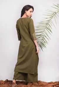 Olive Green Kantha Long Kurta image 4