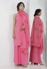 Set of 3: Gul Pink Buti Hand-Block Printed Cotton Slip with Plain Flared Palazzo and Floral Hand-Block Printed Kota Dupatta image 1