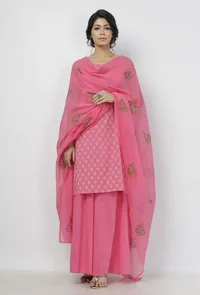 Set of 3: Gul Pink Buti Hand-Block Printed Cotton Slip with Plain Flared Palazzo and Floral Hand-Block Printed Kota Dupatta image 2