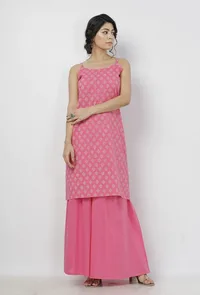 Set of 3: Gul Pink Buti Hand-Block Printed Cotton Slip with Plain Flared Palazzo and Floral Hand-Block Printed Kota Dupatta image 6