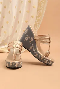 Refined Golden Hand Embroidered Kolhapuri Inspired Wedges image 2