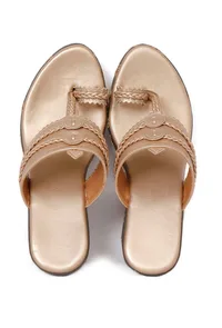 Refined Golden Hand Embroidered Kolhapuri Inspired Wedges image 3