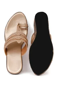 Refined Golden Hand Embroidered Kolhapuri Inspired Wedges image 4