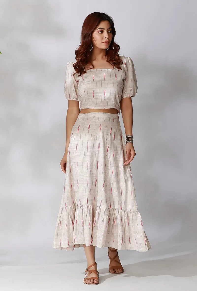 Set Of 2- White Ikkat Crop Top with White Ikkat Gathered Skirt