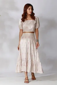 Set Of 2- White Ikkat Crop Top with White Ikkat Gathered Skirt image 1